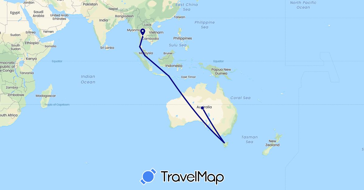 TravelMap itinerary: driving in Australia, Indonesia, Malaysia, Thailand (Asia, Oceania)